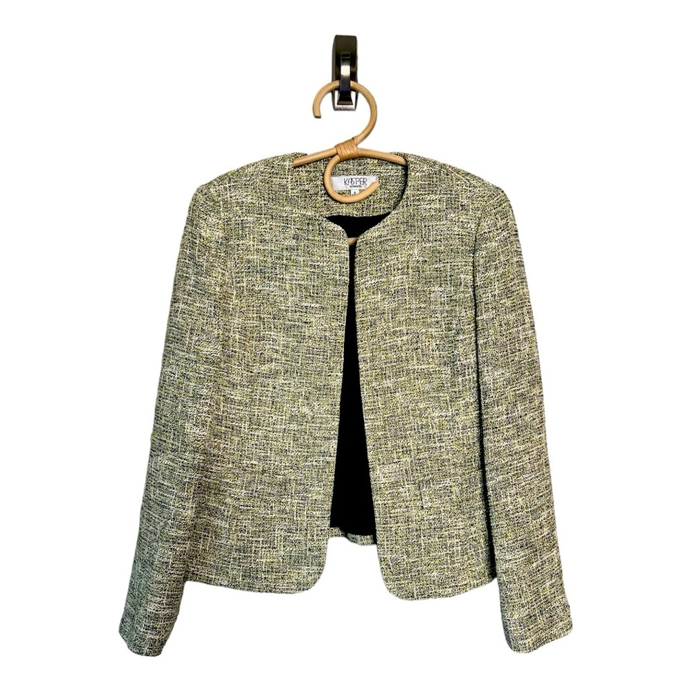 Kasper Tweed Green Black Open Front Collarless Jacket Womens Size 8